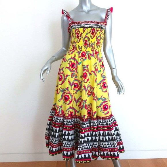 La DoubleJ Smock Dress Yellow Cartwheel Giallo Print Cotton Size Extra Small - Picture 2 of 9